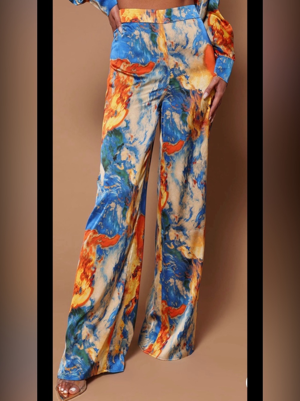 High Waist Wide-Leg Printed Satin Pants in Blue & Orange